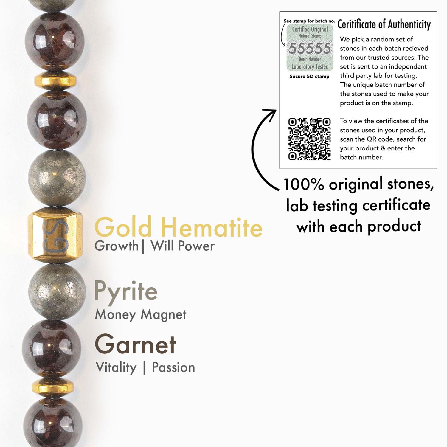 Personalised Abundance Magnet Garnet & Pyrite Natural Stone Elastic Bracelet