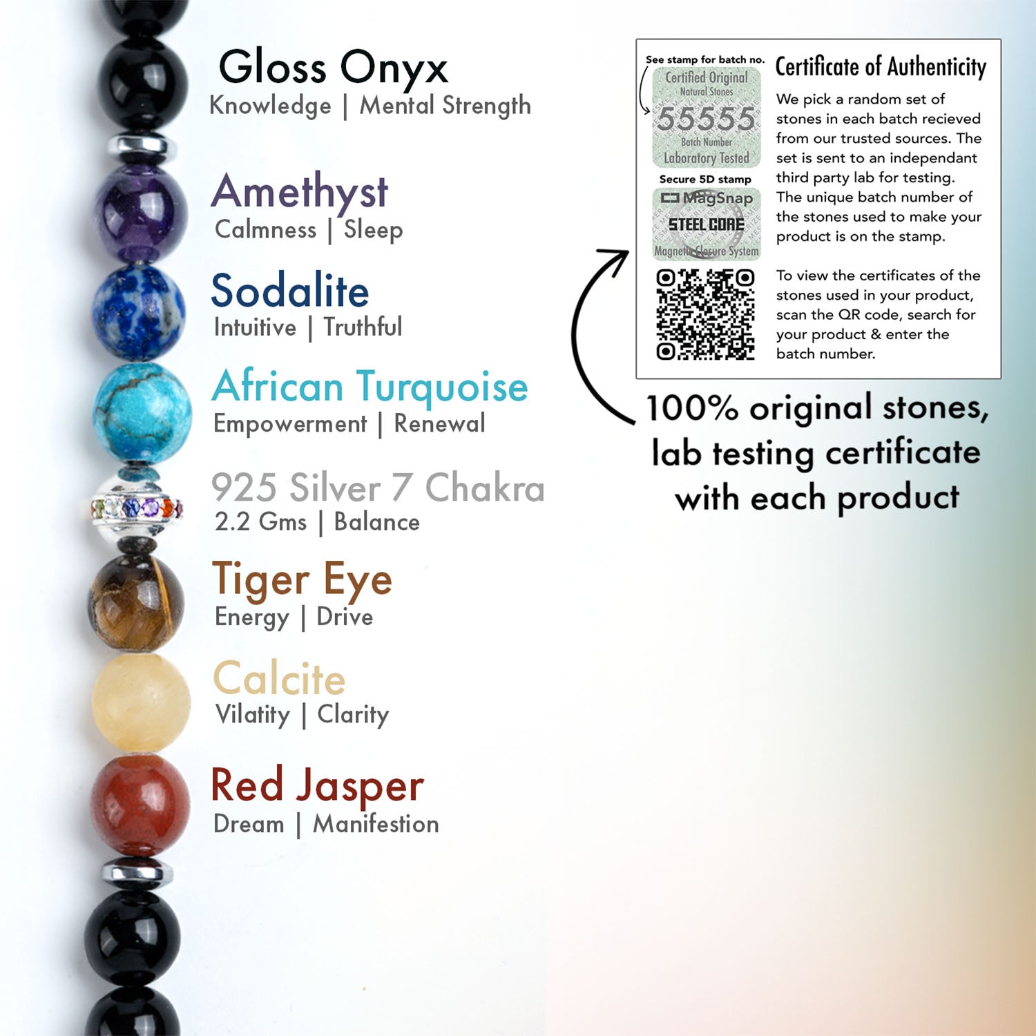 925 Sterling Silver Balance 7 chakra Natural Stone Bracelet With MagSnap2