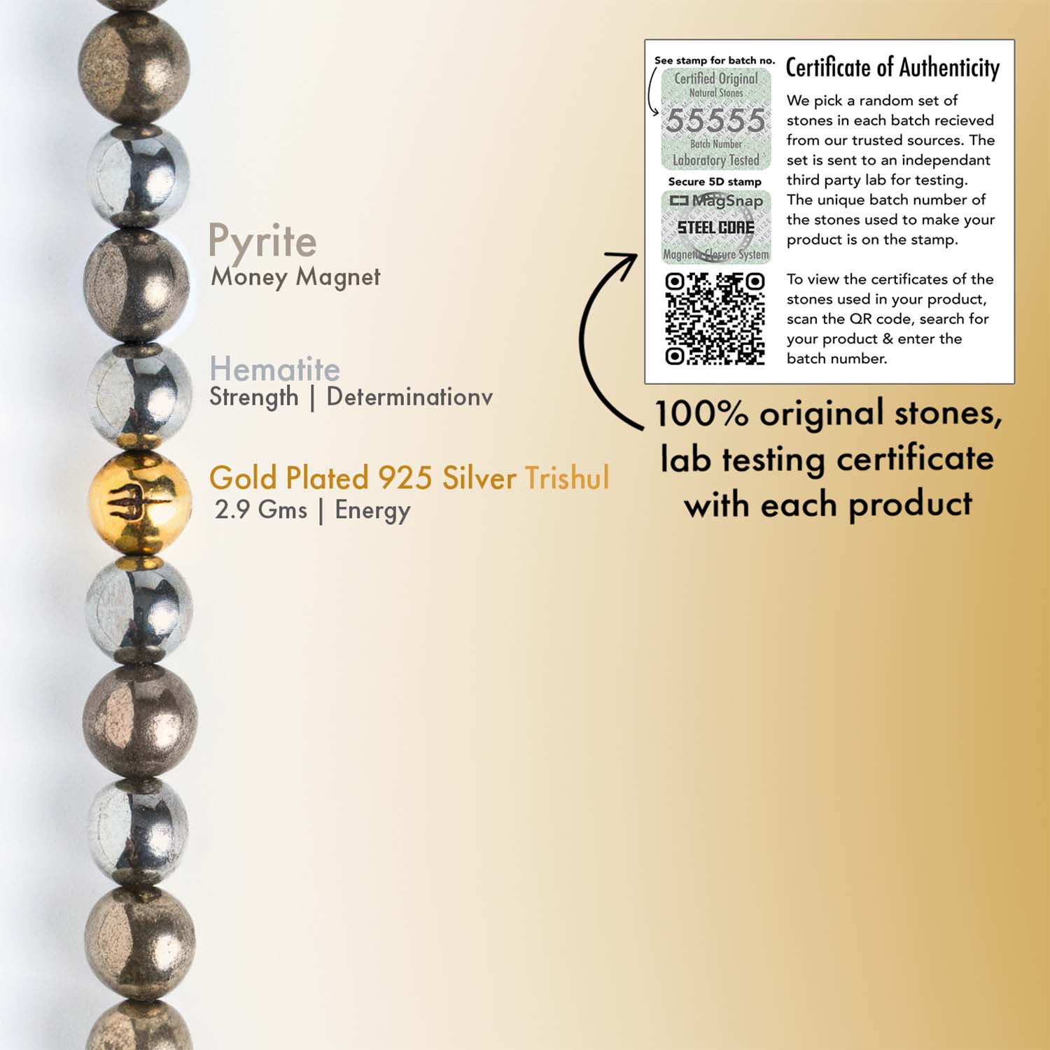 925 Sterling Silver Pyrite Trishul Natural Stone Bracelet with Magsnap2