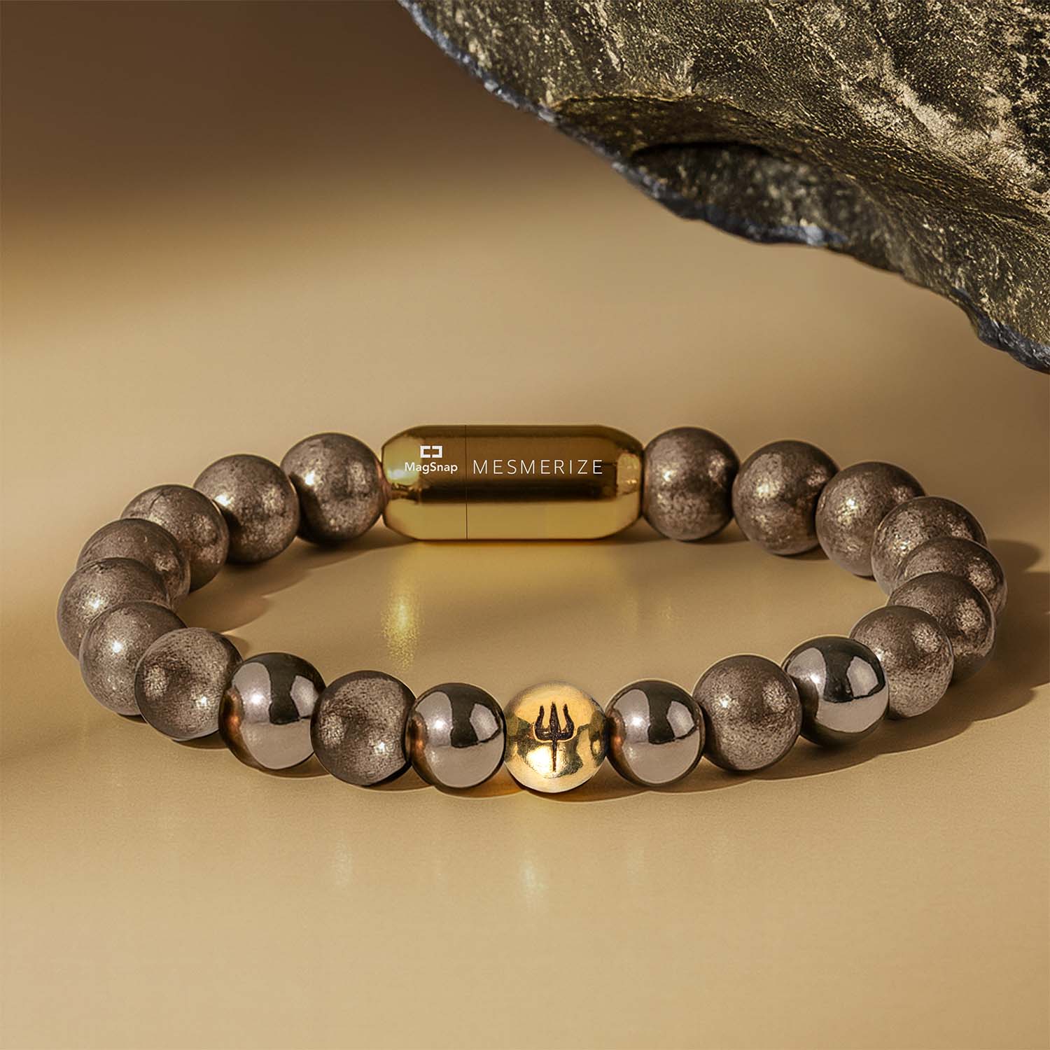 925 Sterling Silver Pyrite Trishul Natural Stone Bracelet with Magsnap2