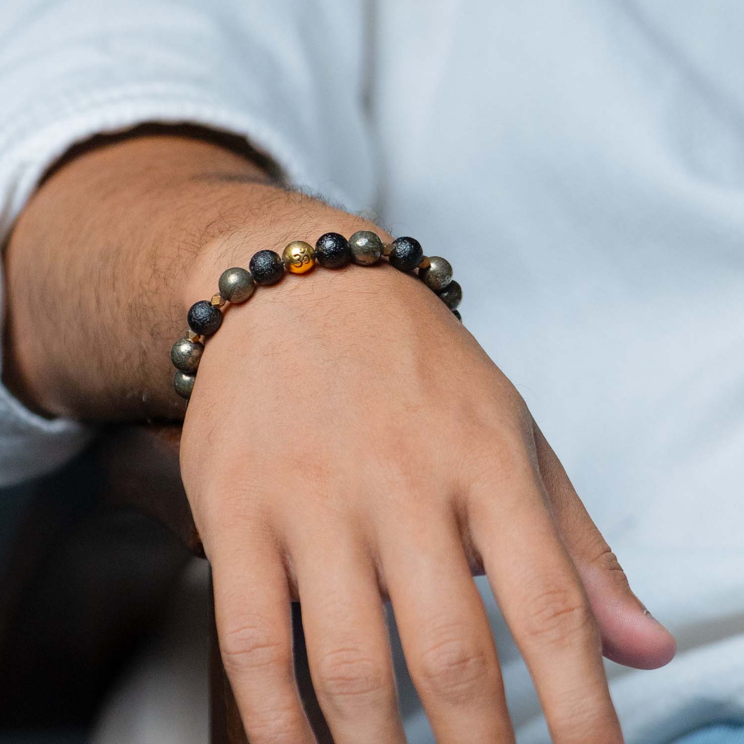 925 Sterling Silver Spiritual Om Pyrite Bracelet with Magsnap2