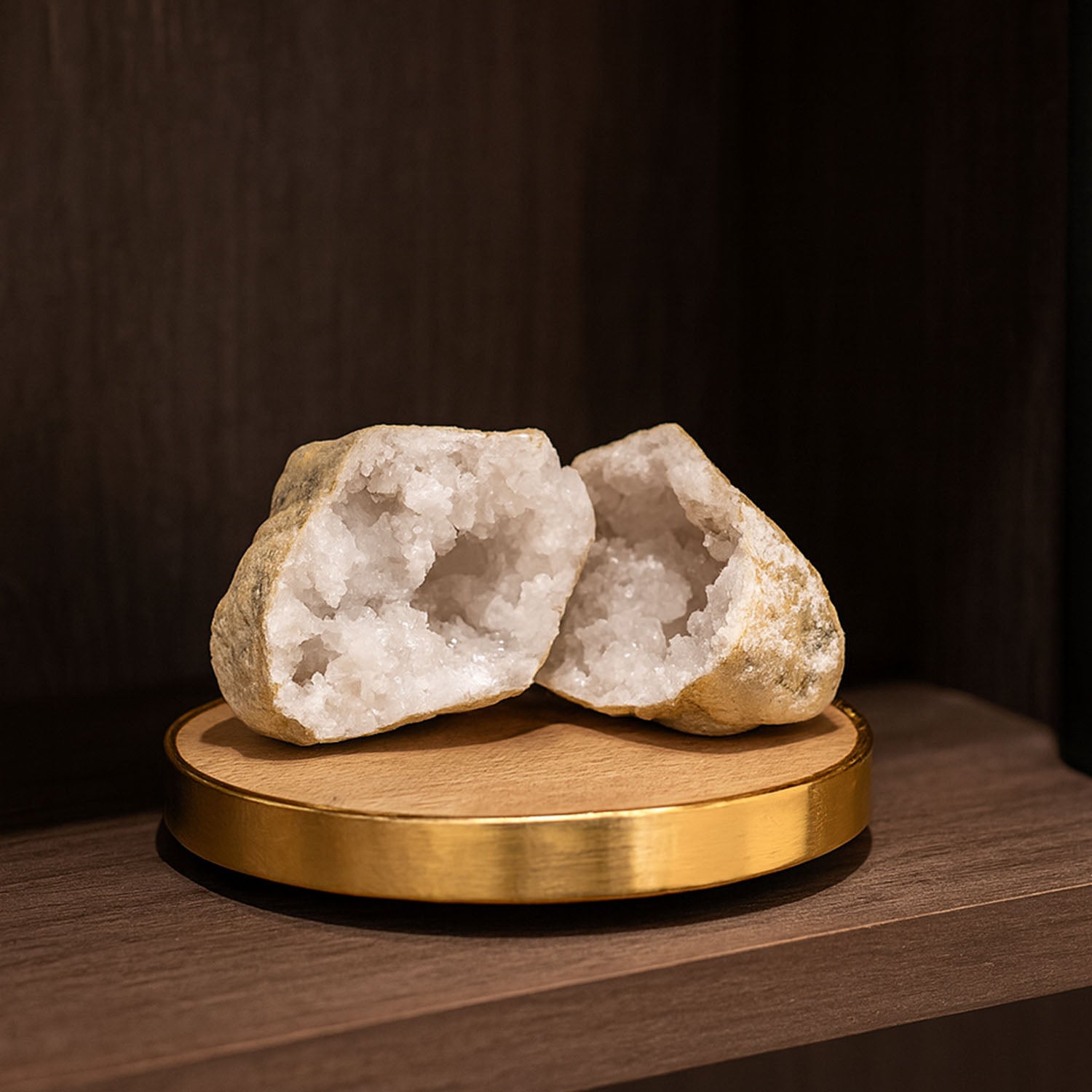 Balance Clear Crystal Geode Raw Stone With Mango Wood Coaster