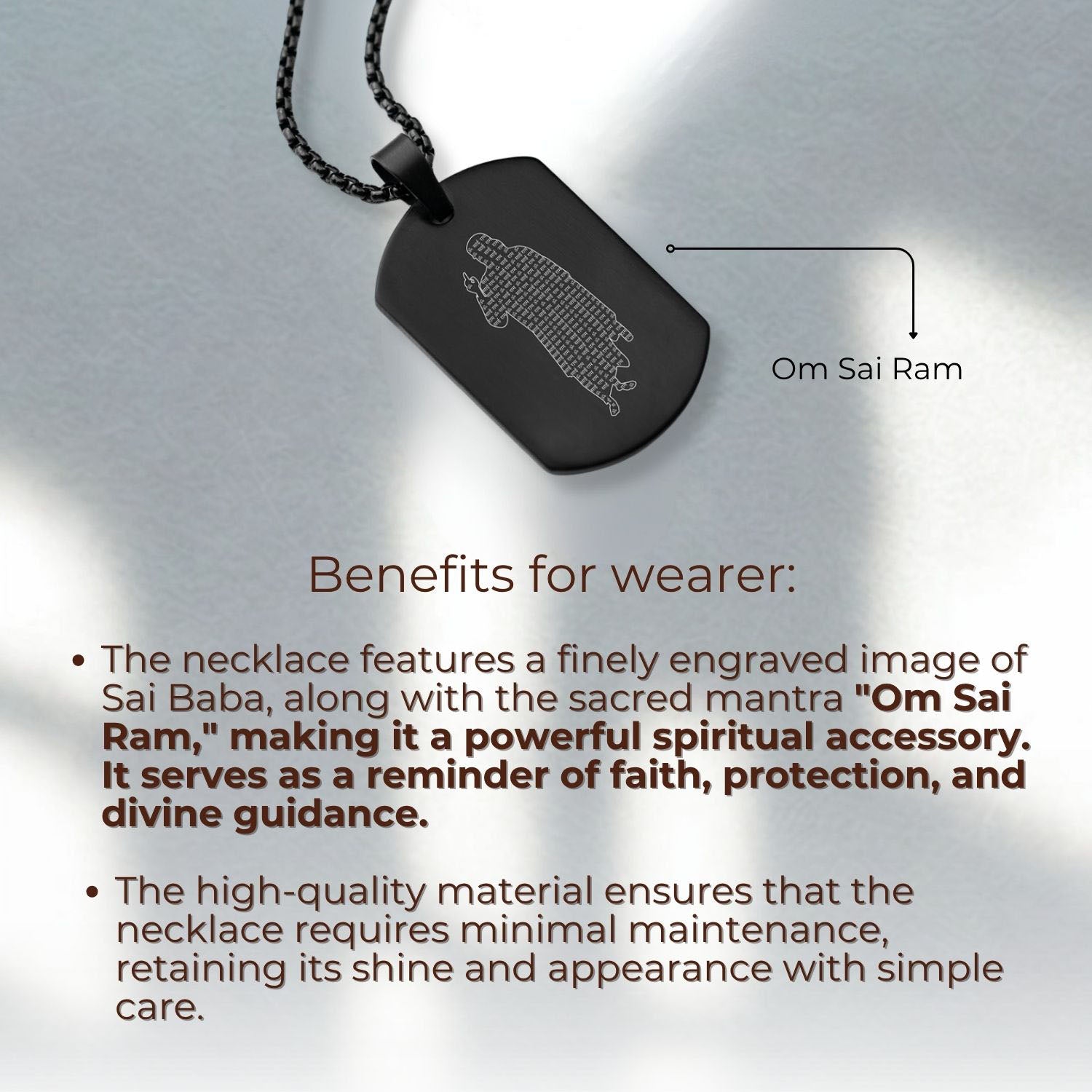 Om Sai Ram Inlay MicroCarved Tag Necklace Silver