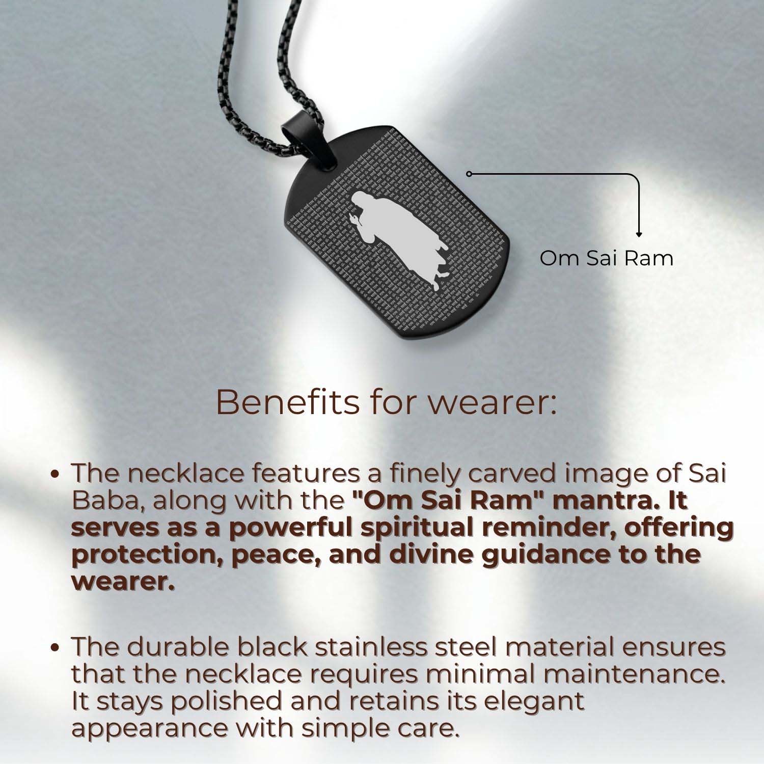 Om Sai Ram MicroCarved Tag Necklace Silver