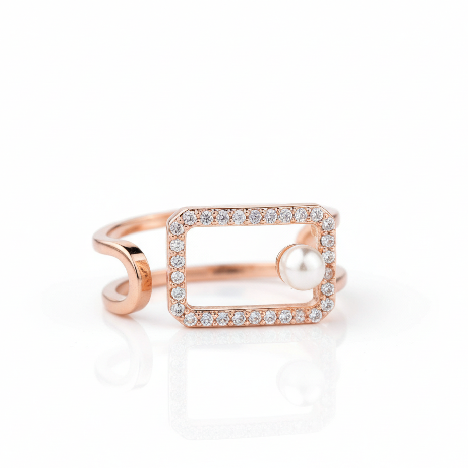 Rose Gold Pearl Diamond Adjustable Ring