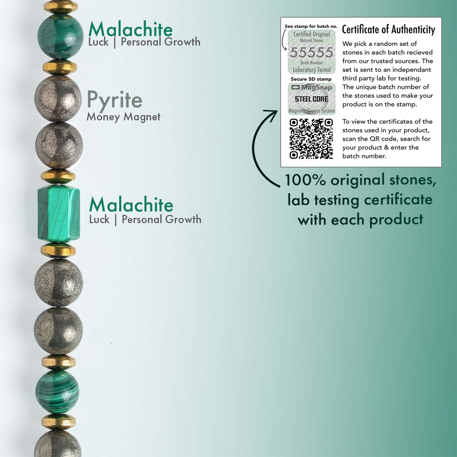 Fortune Pyrite & Cube Malachite Natural Stone Bracelet with Magsnap2