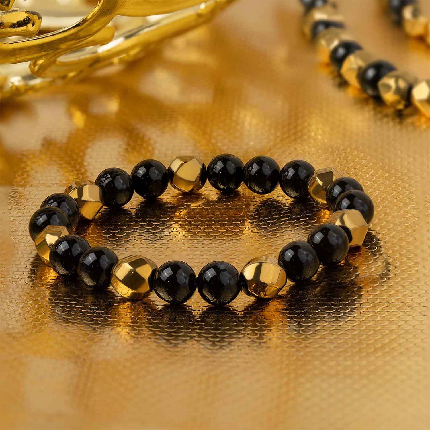 Guardian Gold Hematite & Gloss Onyx Natural Stone Elastic Bracelet