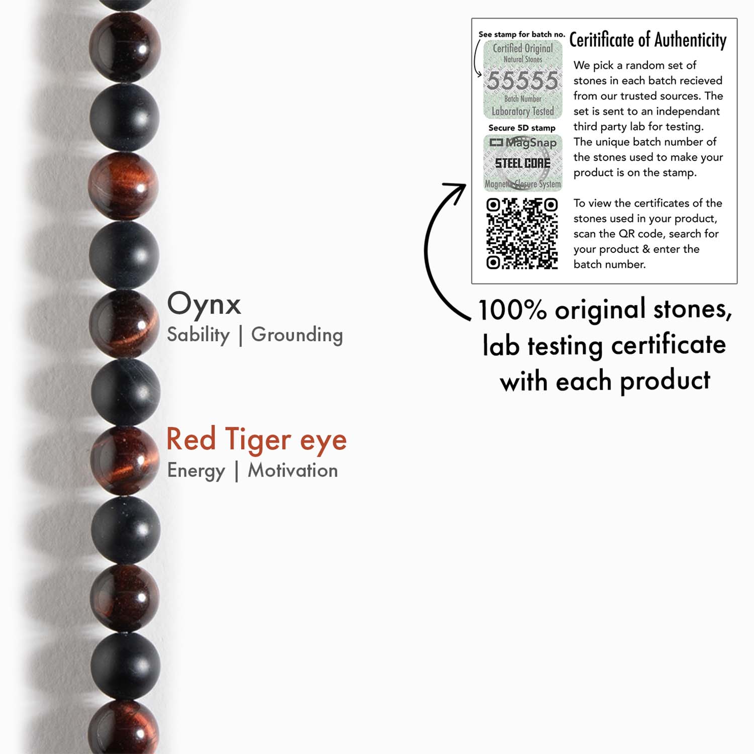 Natural Stone Jewellery Onyx Black and Red Tiger Natural Stone Bracelet with MagSnap