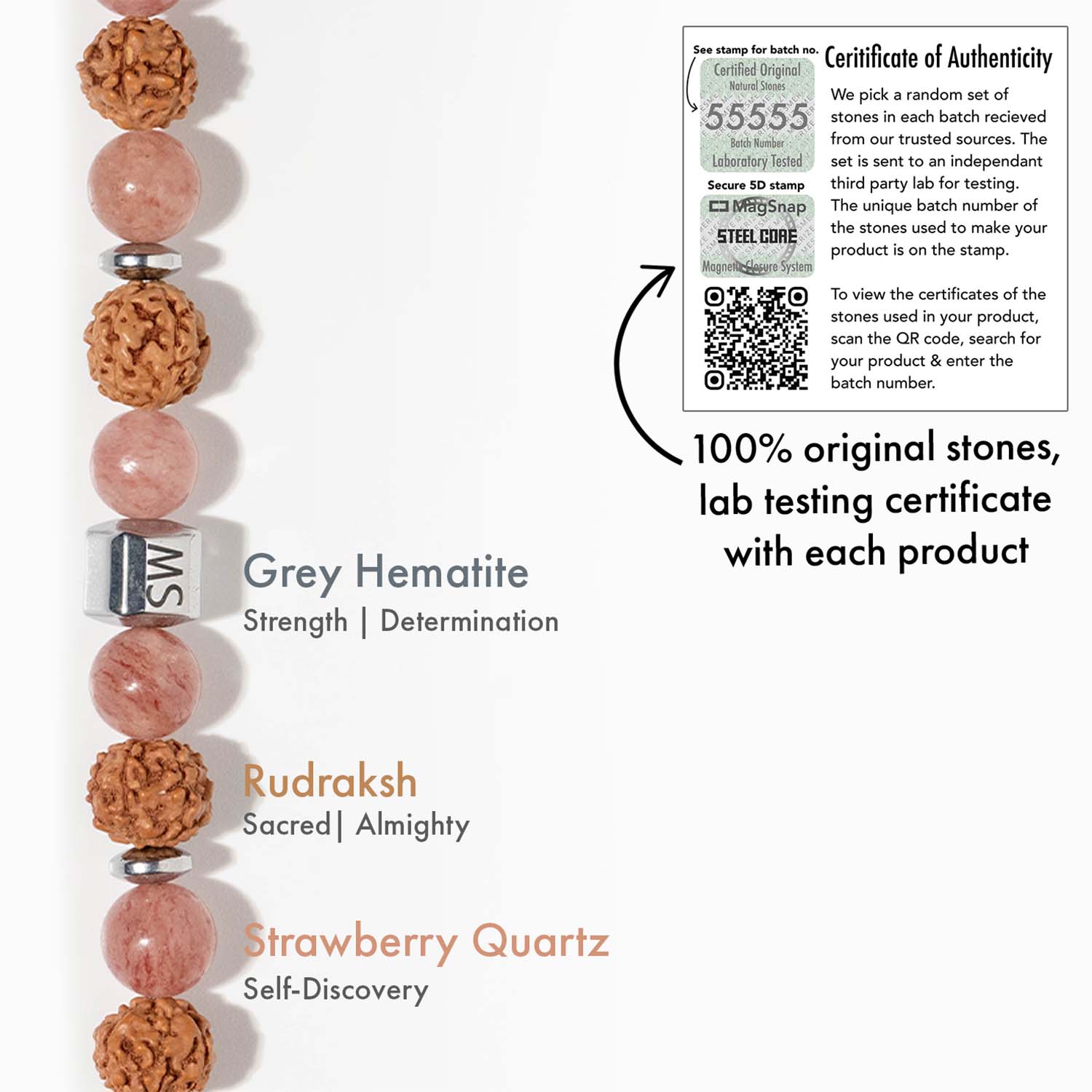 Non Personalised Serenity Strawberry Quartz & Stealth Gloss Onyx Natural Stone Couple Bracelets with Magsnap 2