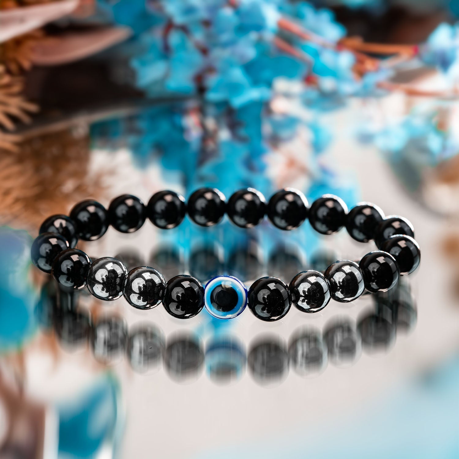 Protective Evil Eye Hematite Natural Stone Elastic Bracelet