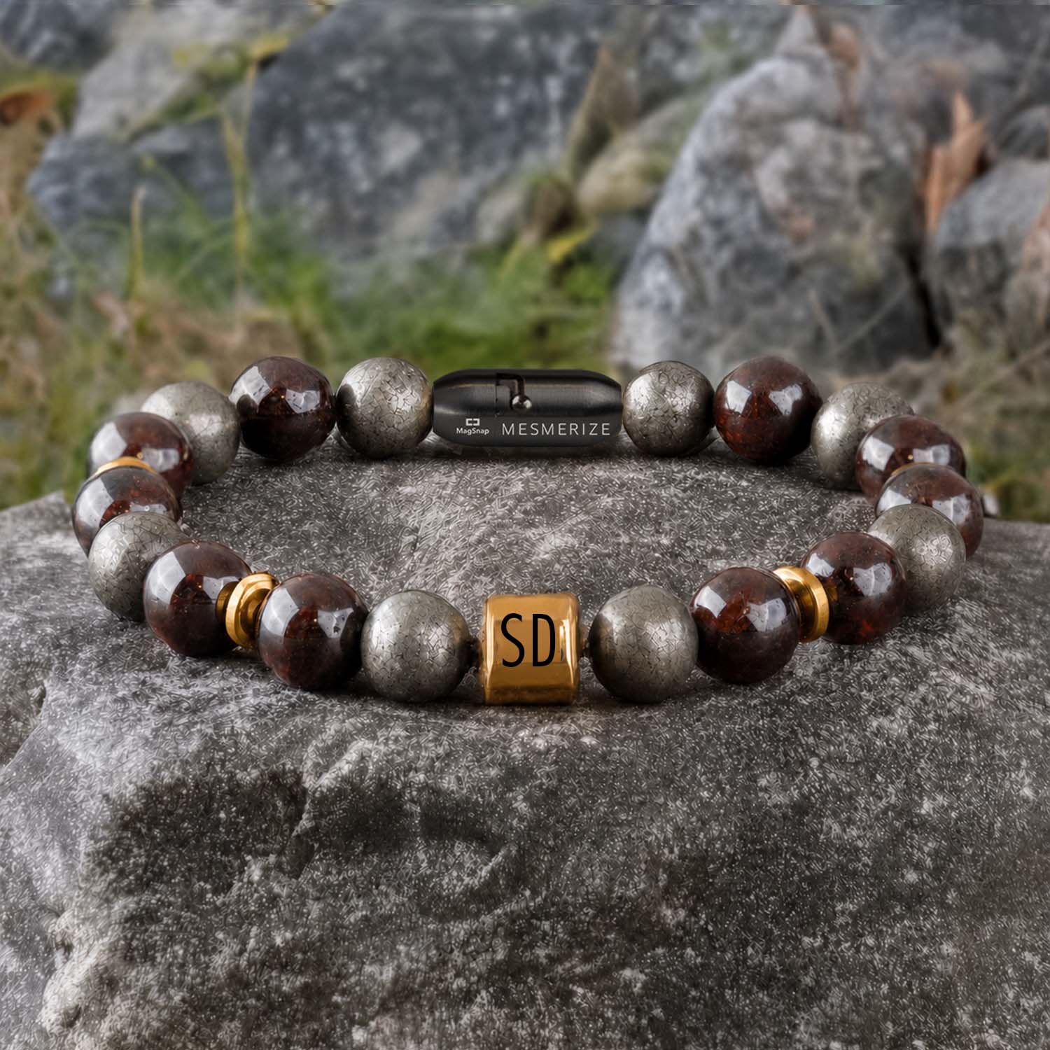 Personalised Abundance Magnet Garnet & Pyrite Natural Stone Bracelet with Magsnap 2