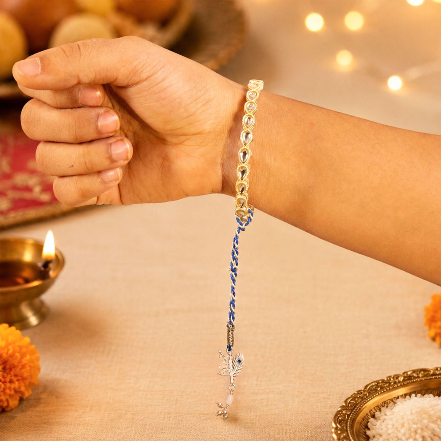 Radha Krishna Silver Plated Lumba Rakhi