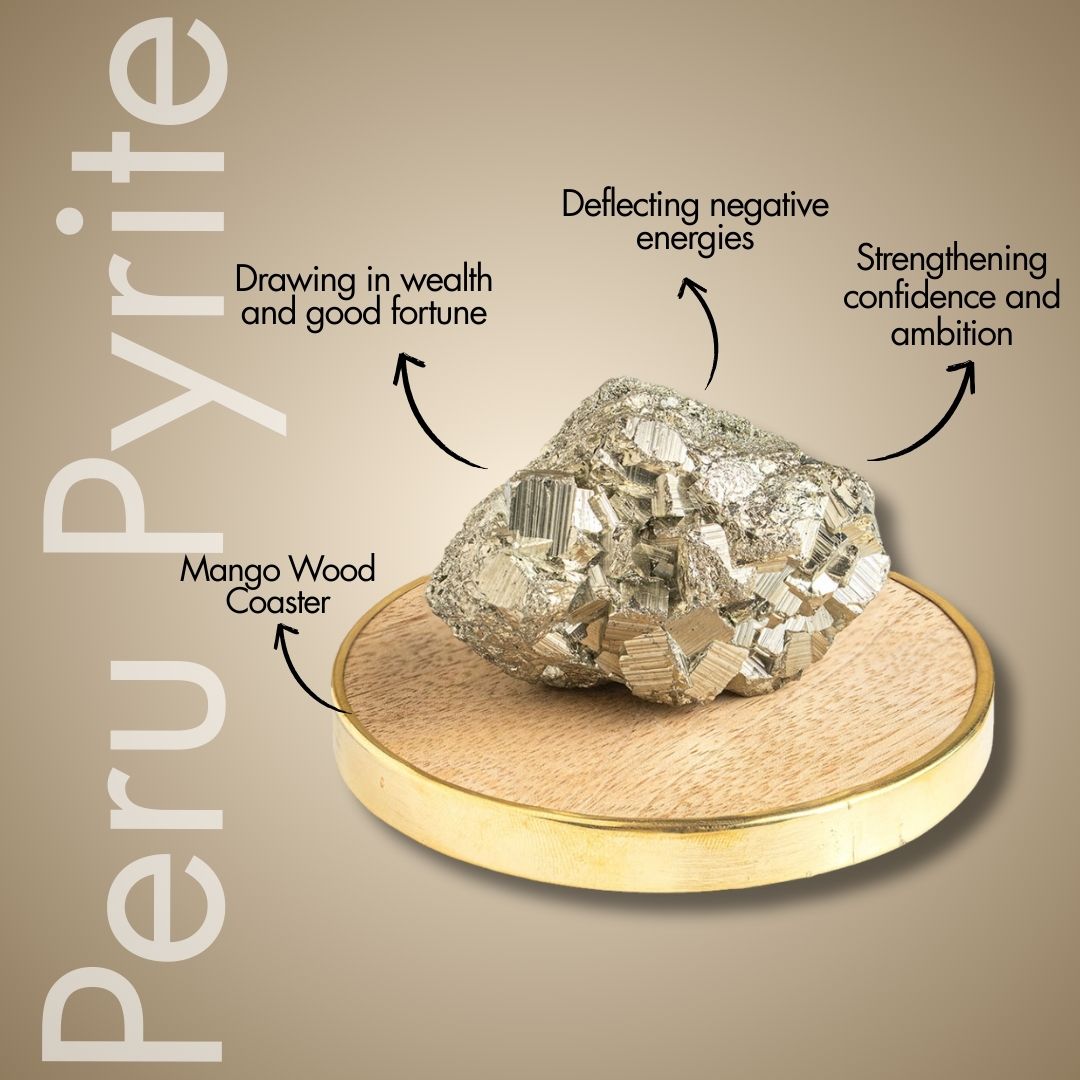 Money Magnet Peru Pyrite Raw Stone With Mango Wood Coaster