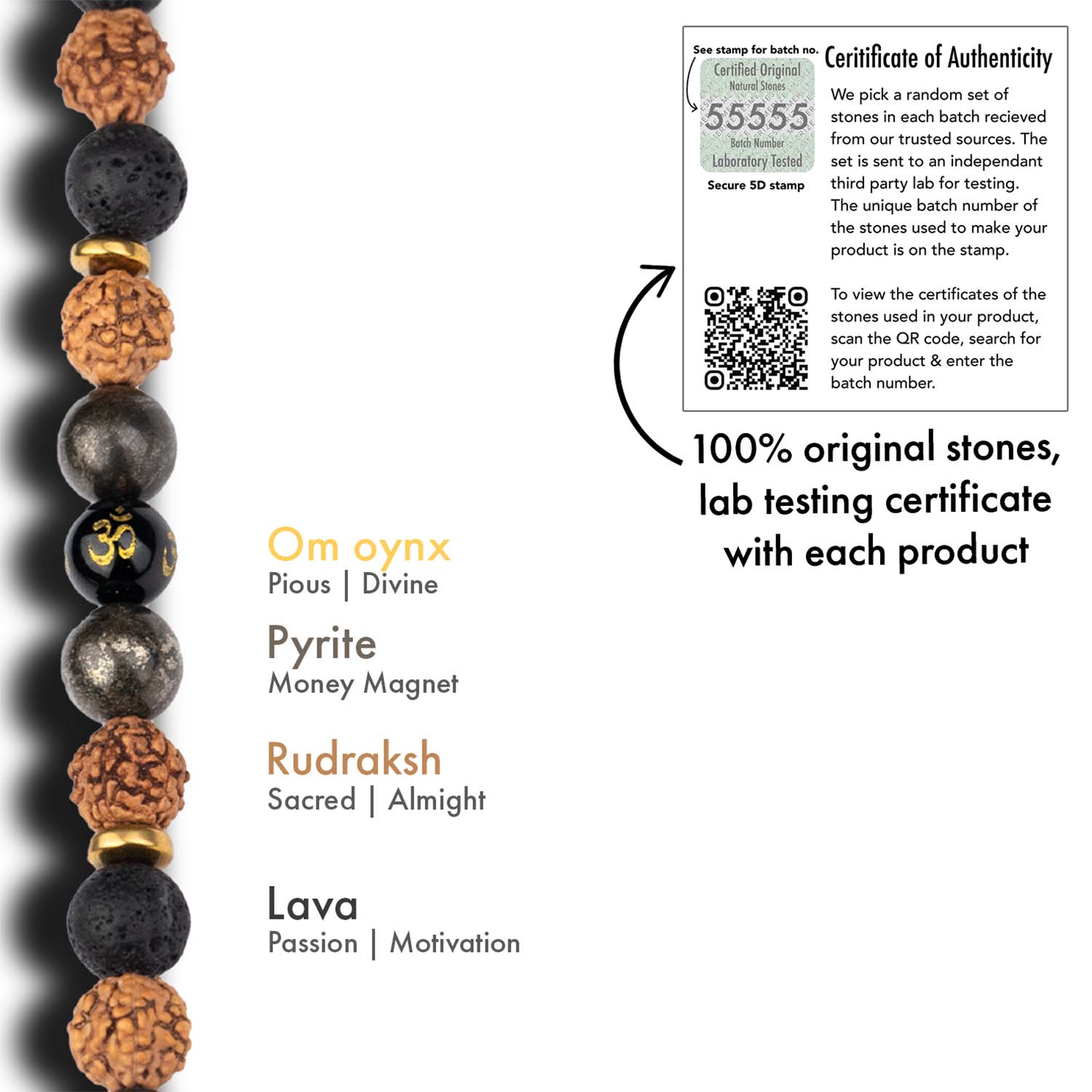 Spiritual Rudraksh Natural Stone Pyrite Om Elastic Bracelet