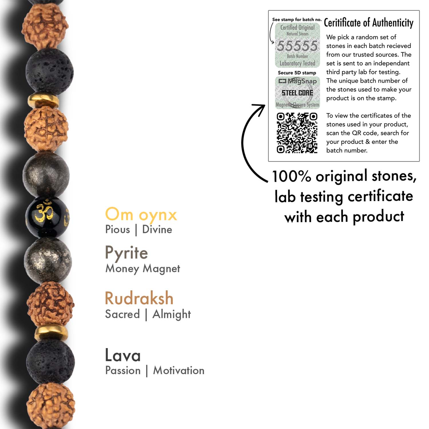 Natural Stone Jewellery Spiritual Rudraksh Natural Stone Pyrite Om Bracelet with Magsnap