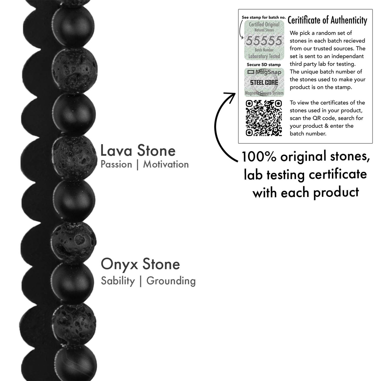 Natural Stone Jewellery Stealth Matte Black Onyx and Lava Natural Stone Bracelet with Magsnap