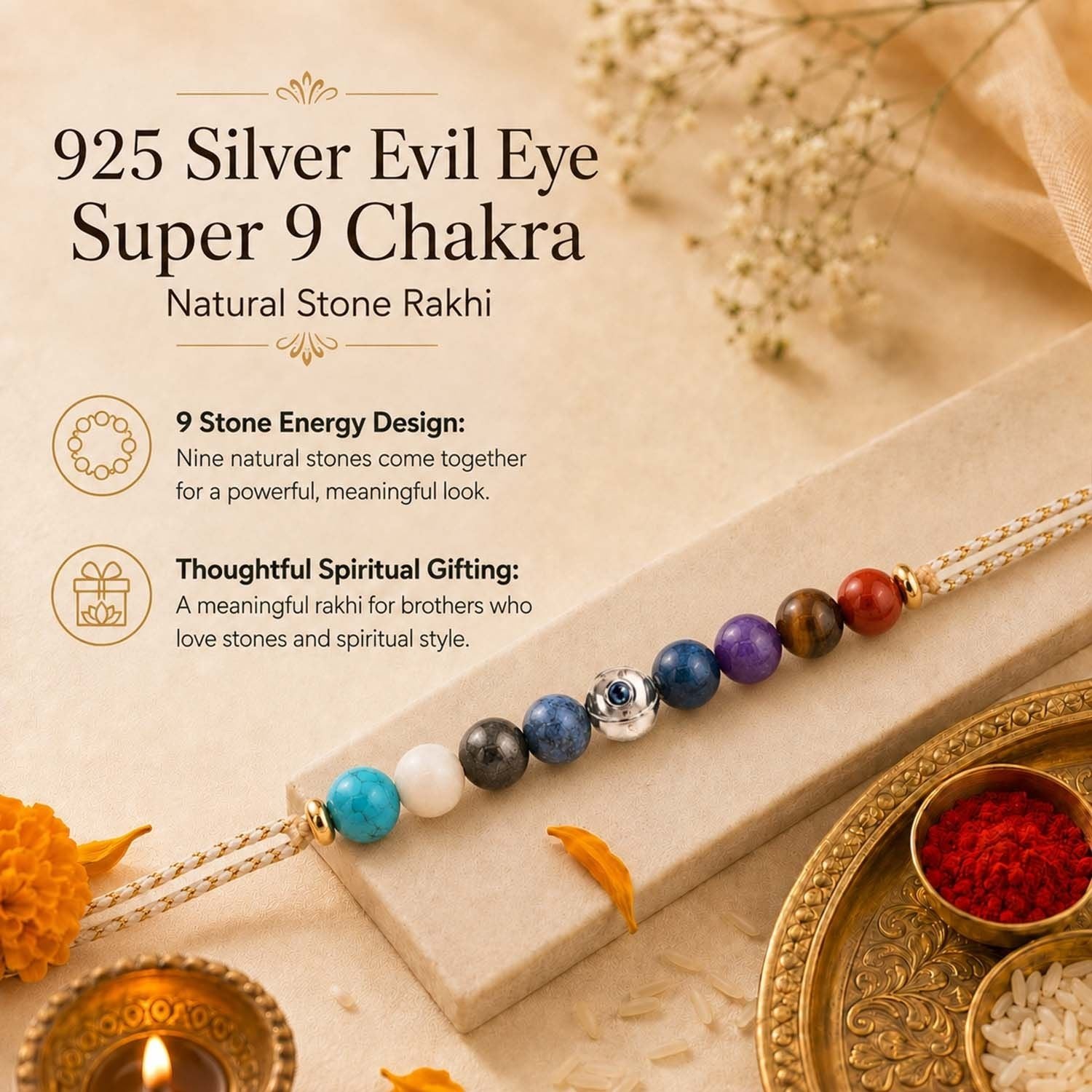 925 Sterling Silver Super 9 Chakra Natural Stone Rakhi