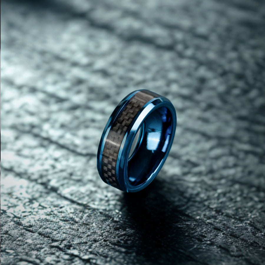 Flint Black On Blue Carbon Fiber Inlay Band Ring