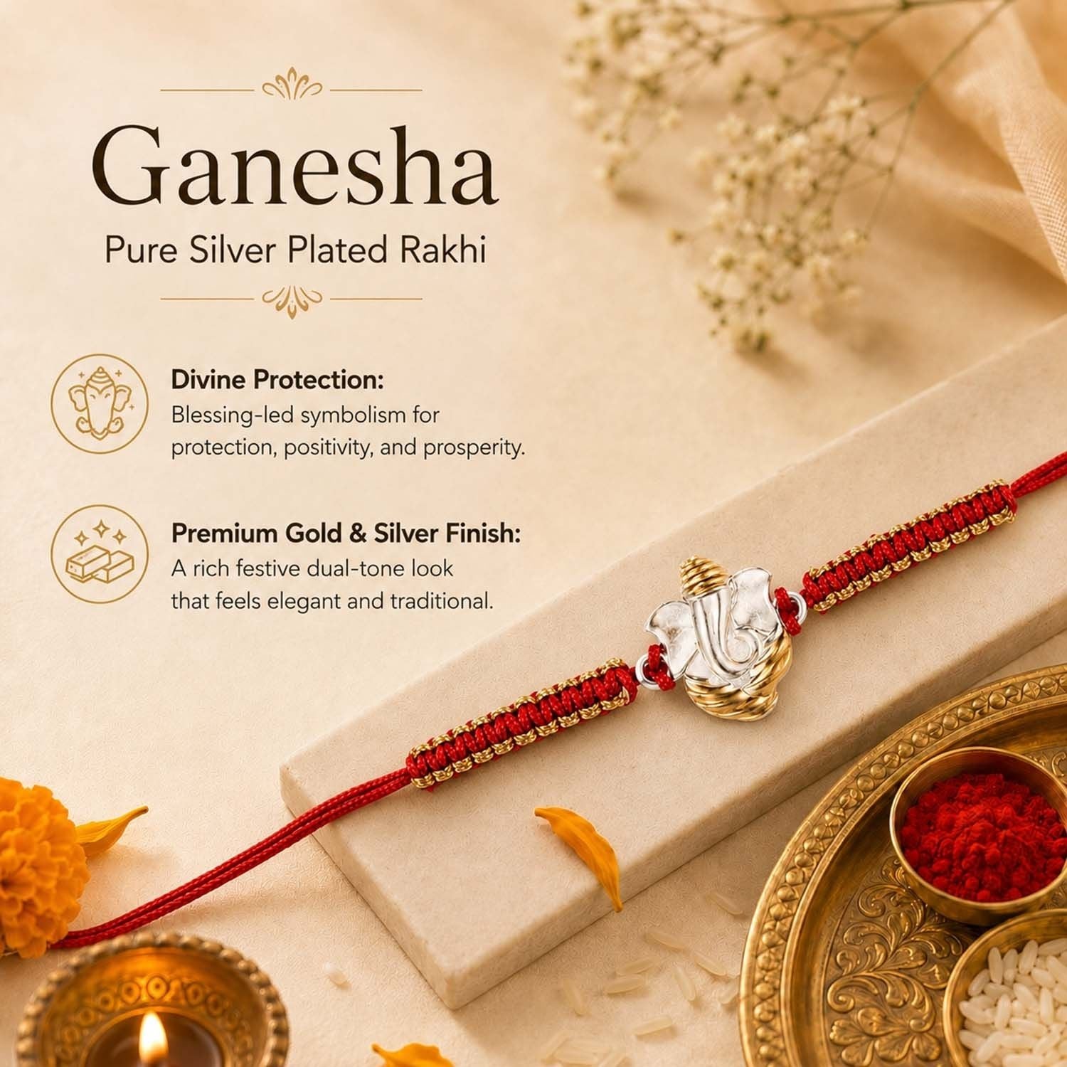Ganesha Pure Silver Plated Rakhi