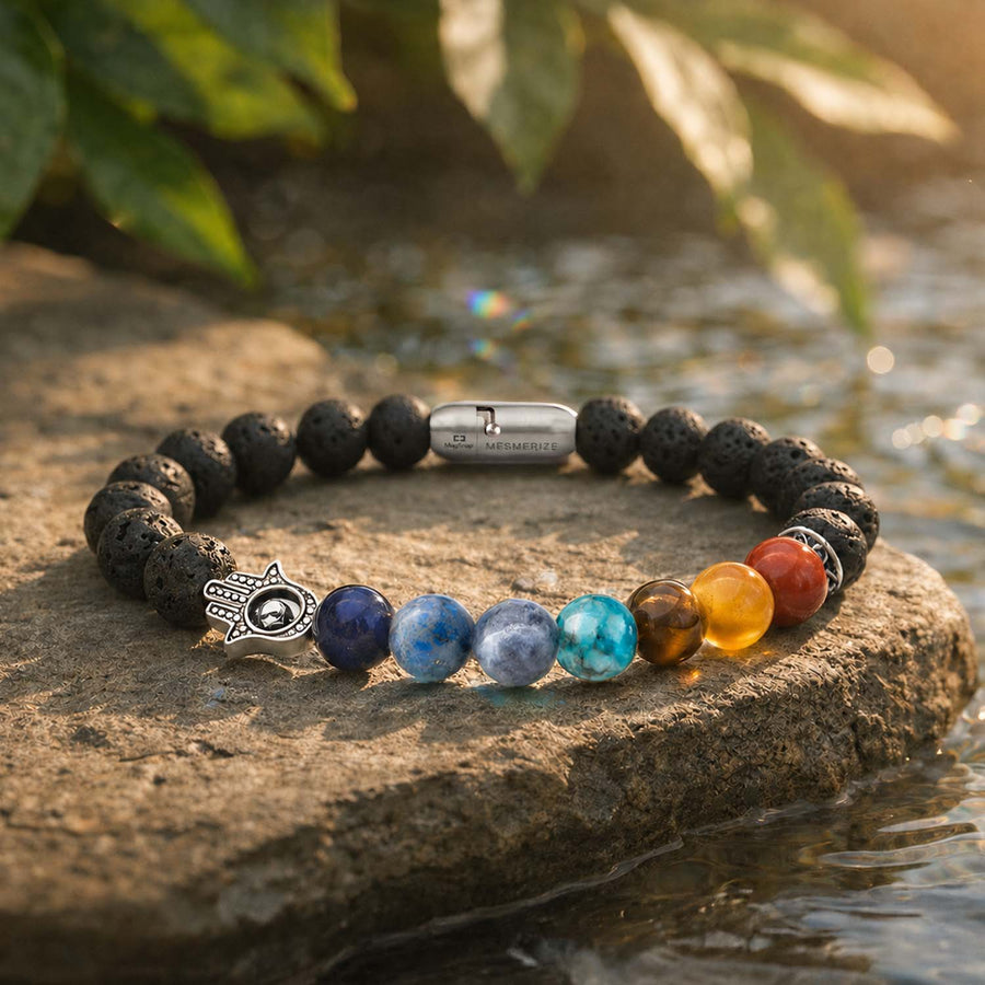 Lava 7 Chakra Natural Stone Hamsa Bracelet