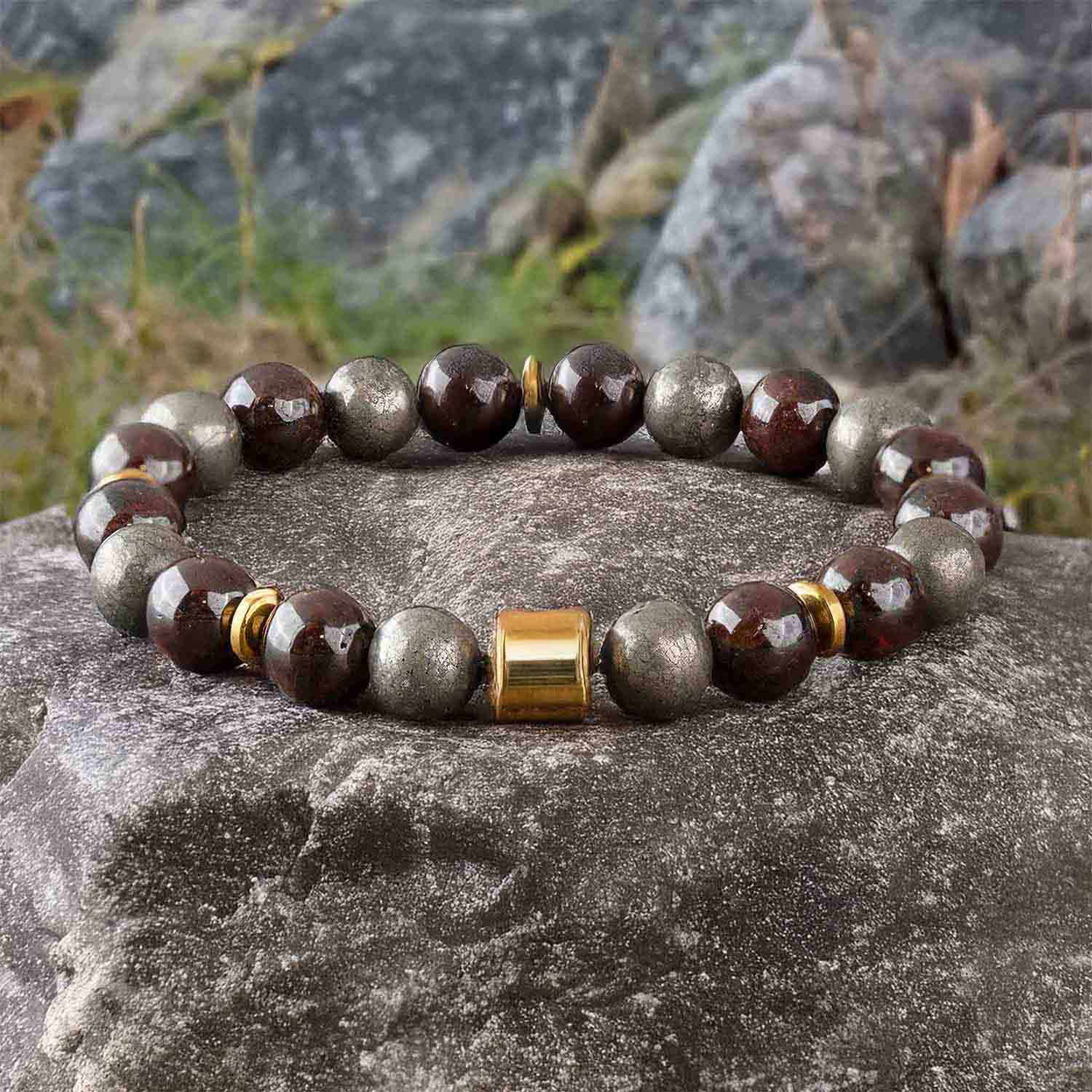 Non-Personalised Abundance Magnet Garnet & Pyrite Natural Stone Elastic Bracelet 