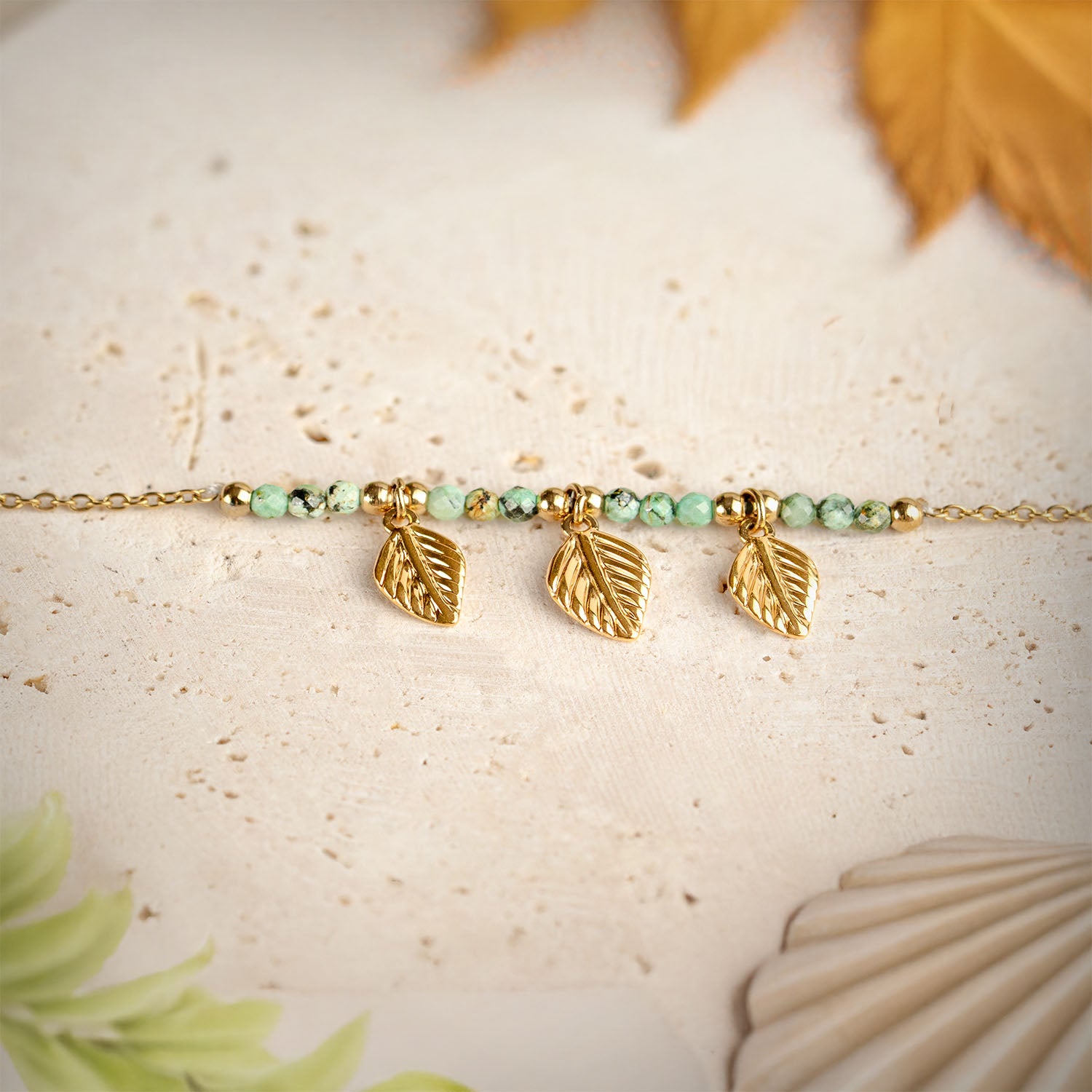 Oriana Minimal Leaf Drop Gold Natural Stone Bracelet Turquoise