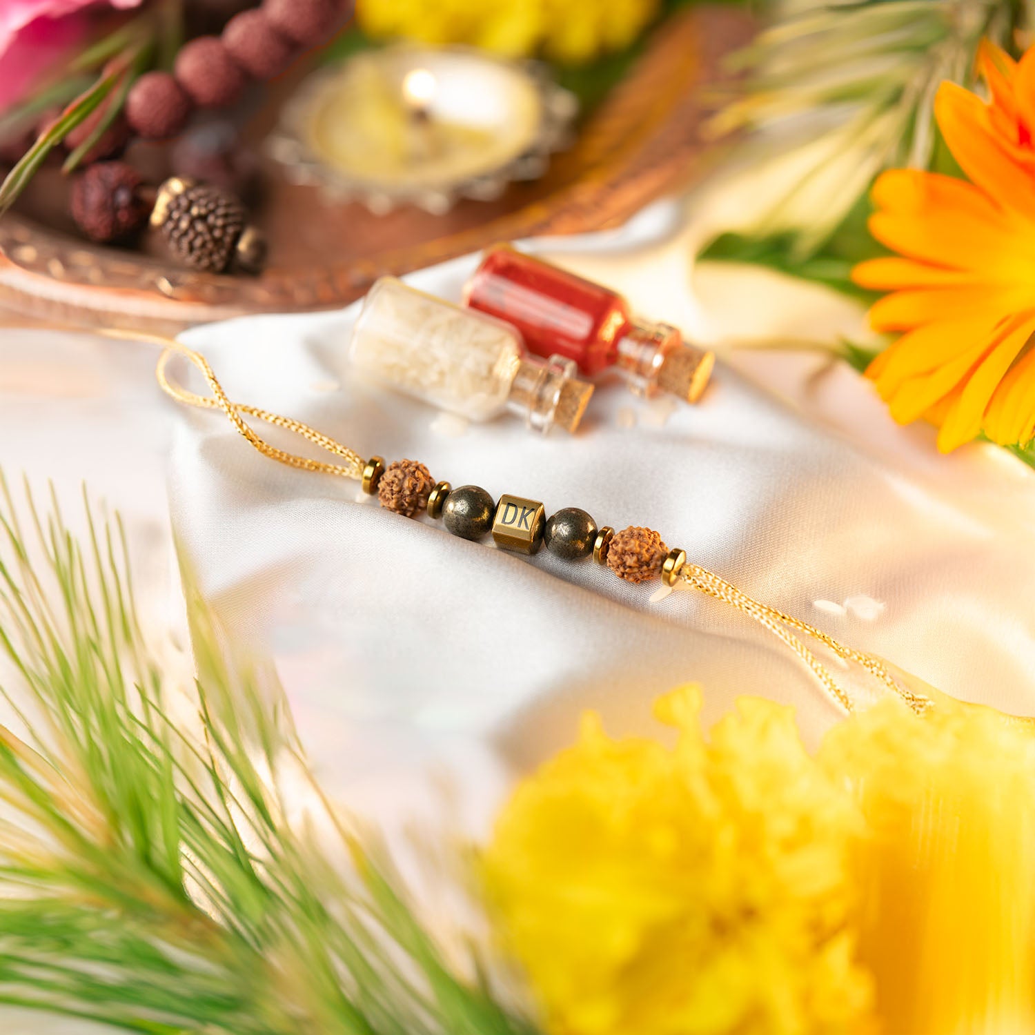 Personalised- Rudraksh Rakhi + Kada + Pen + Brownie + Choco Cookies + Orange Chocolate