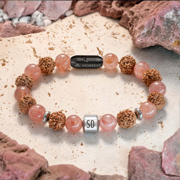 Personalised Serenity Strawberry Quartz & Rudraksh Bracelet with Magsnap2