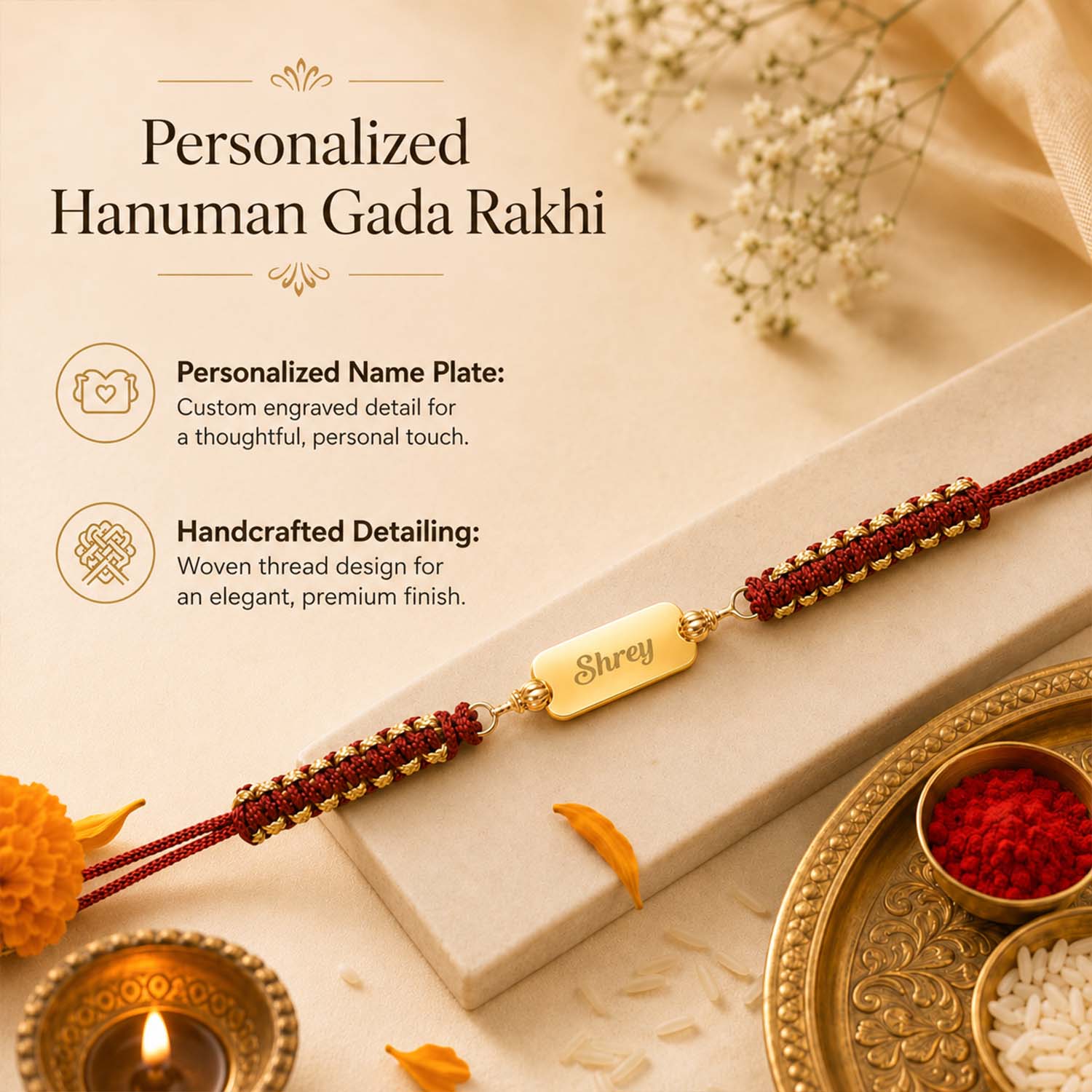 Personalized Hanuman Gada Pure Silver Plated Rakhi