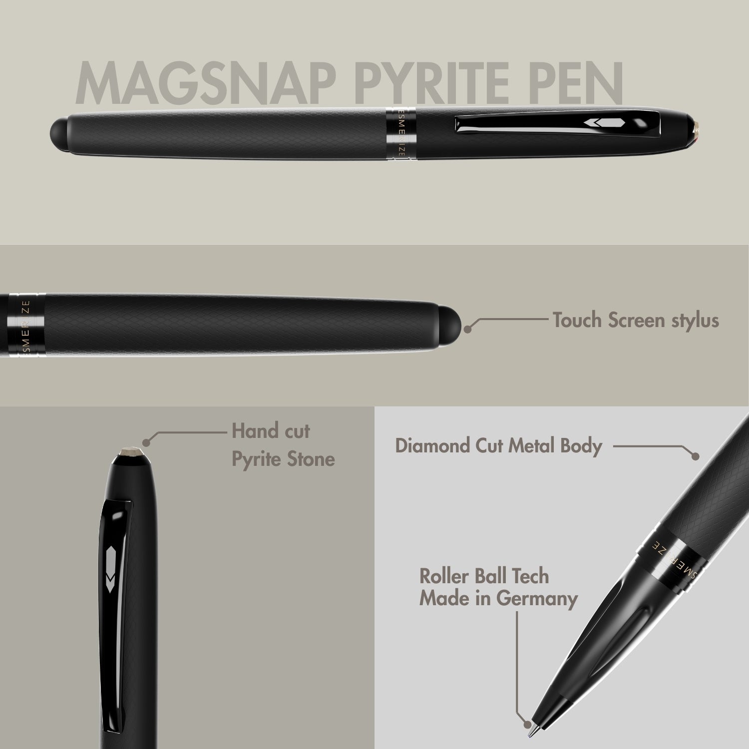 Matte Black Finish Pyrite 2 in 1 MagSnap Roller Ball Pen with Stylus Personalised
