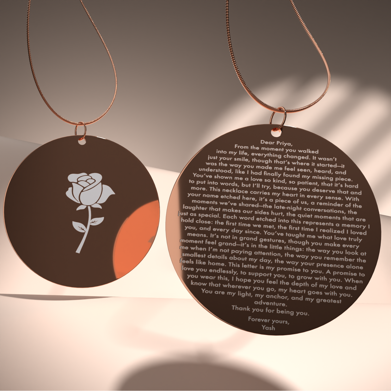 Personalised Rose Love Letter MicroCarved Circle Necklace Rose Gold