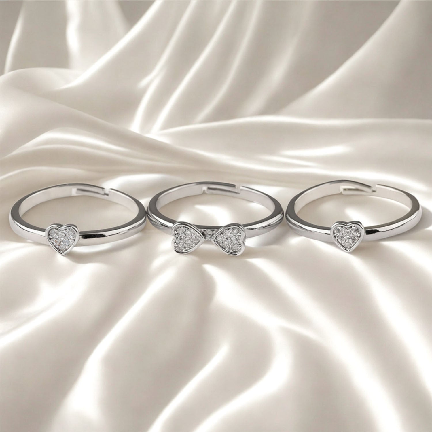 W Premium Jewellery Silver Clover Heart Rings (Pack Of 3)