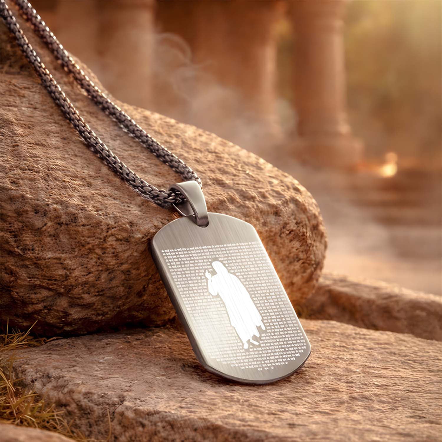 Om Sai Ram MicroCarved Tag Necklace Silver