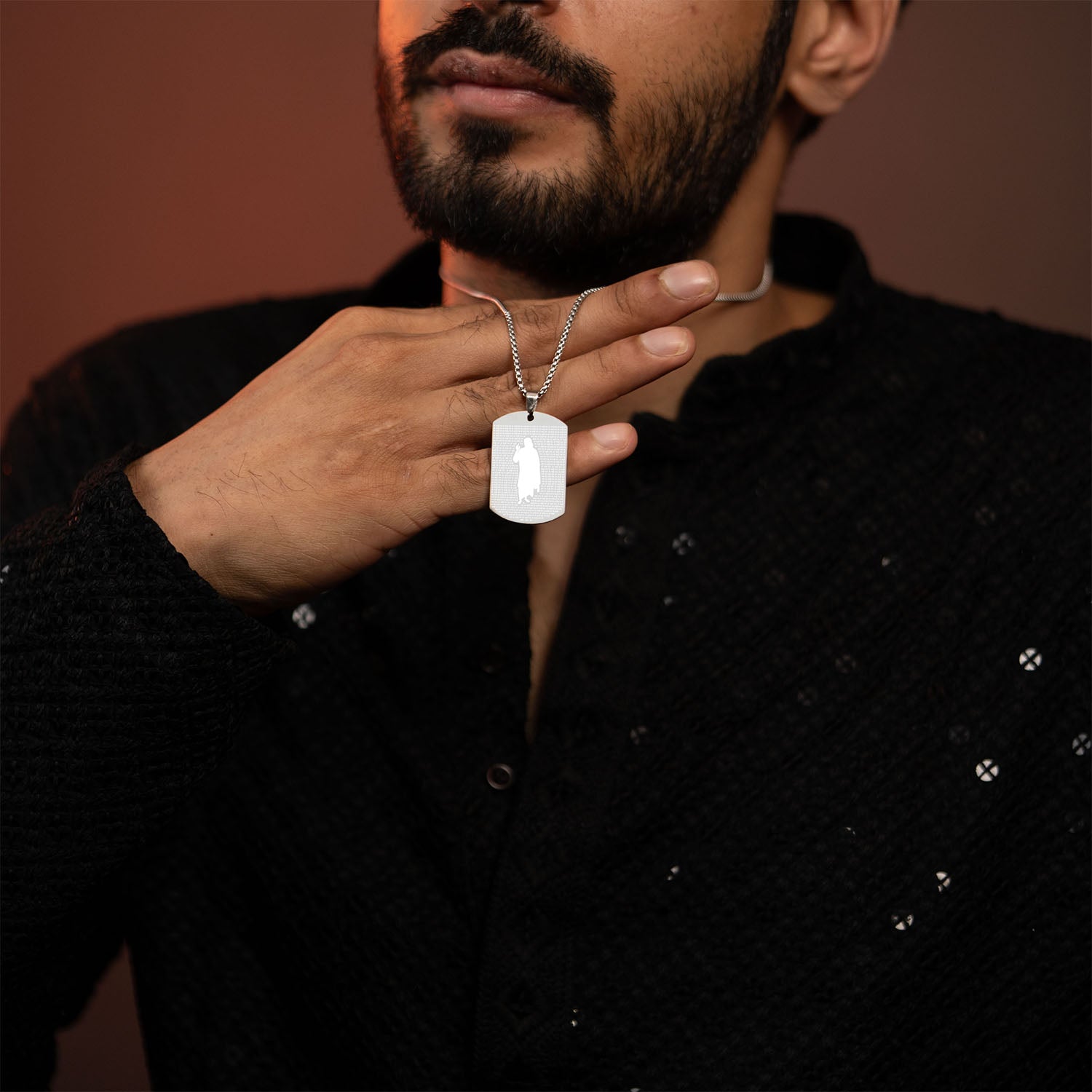 Om Sai Ram MicroCarved Tag Necklace Silver