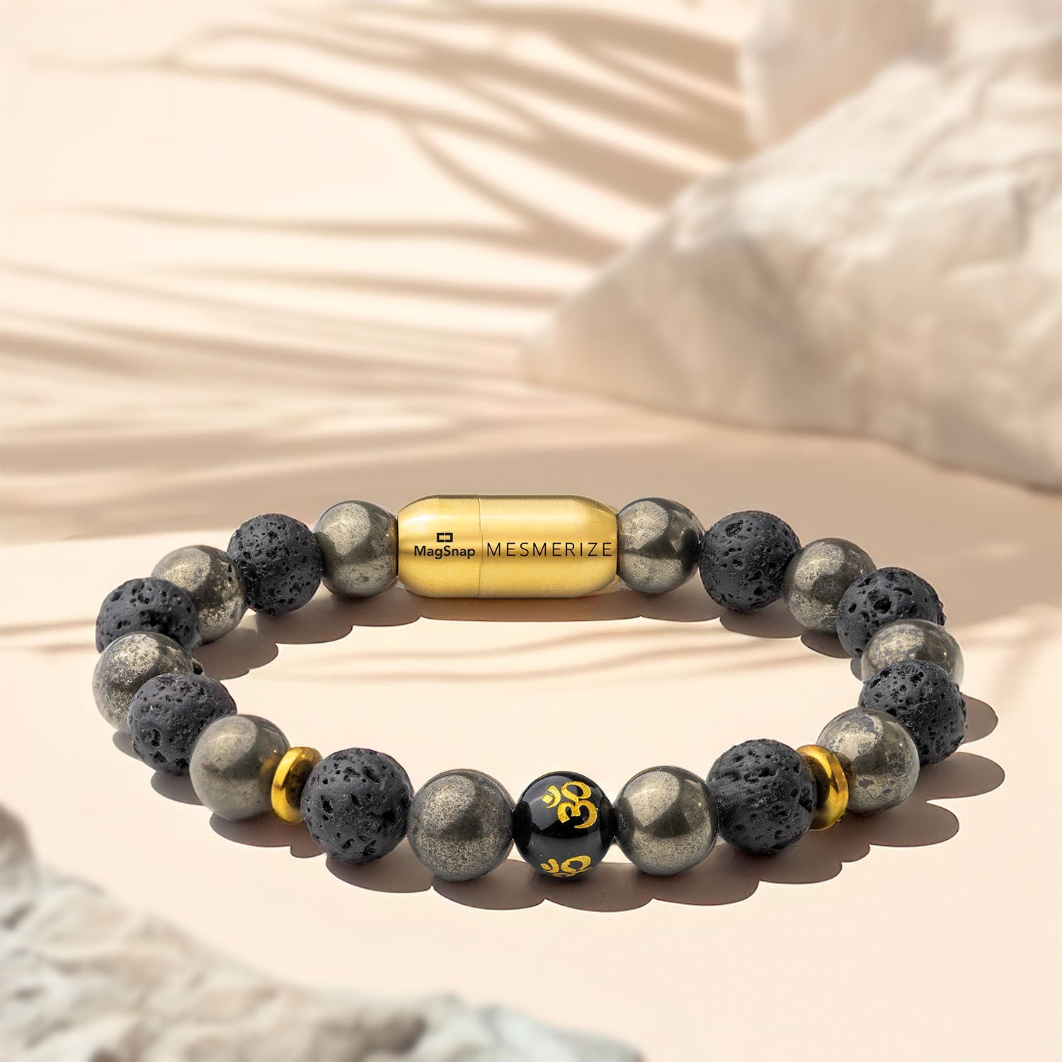 Natural Stone Jewellery Spiritual Pyrite Natural Stone OM Bracelet With Magsnap