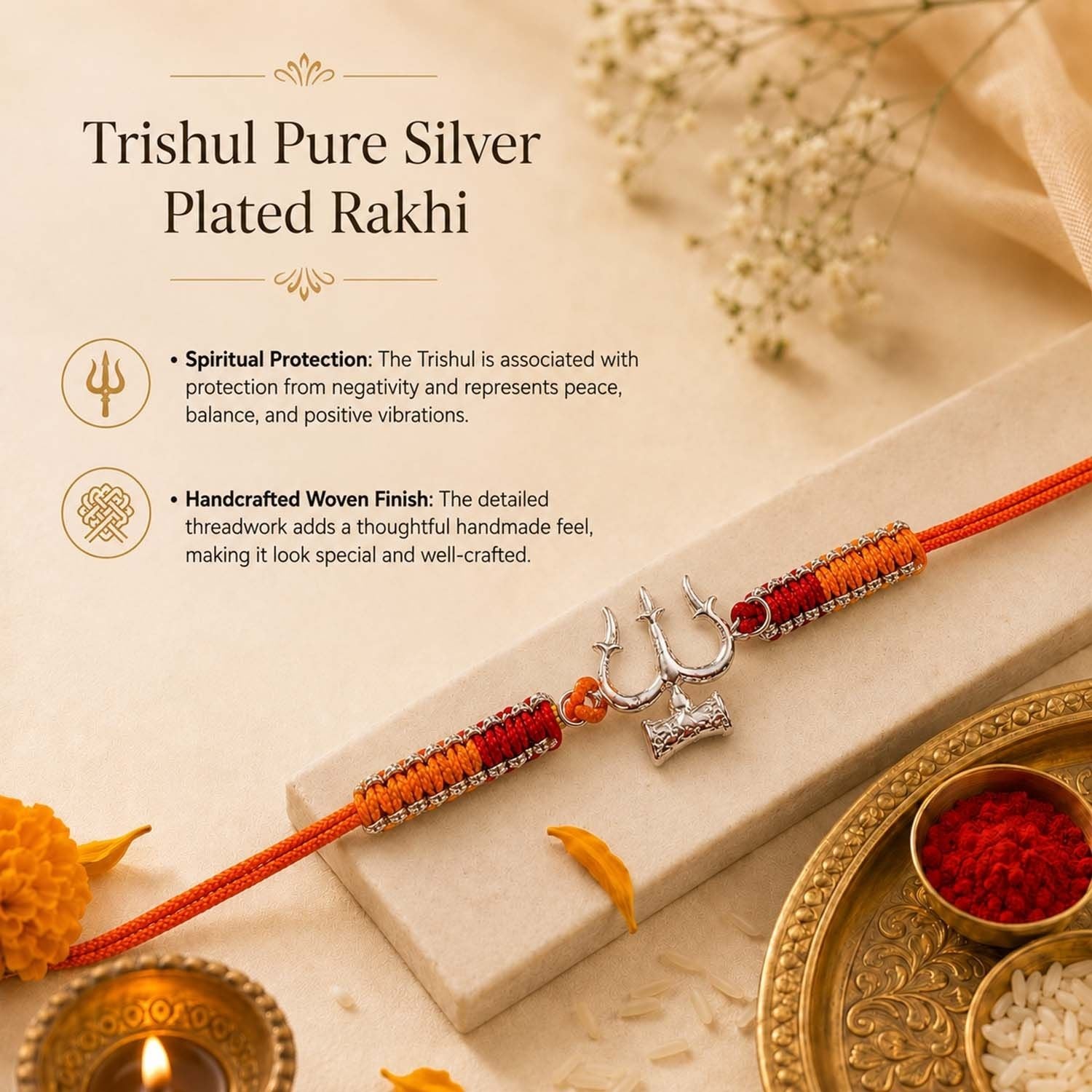 Trishul Pure Silver Plated Rakhi