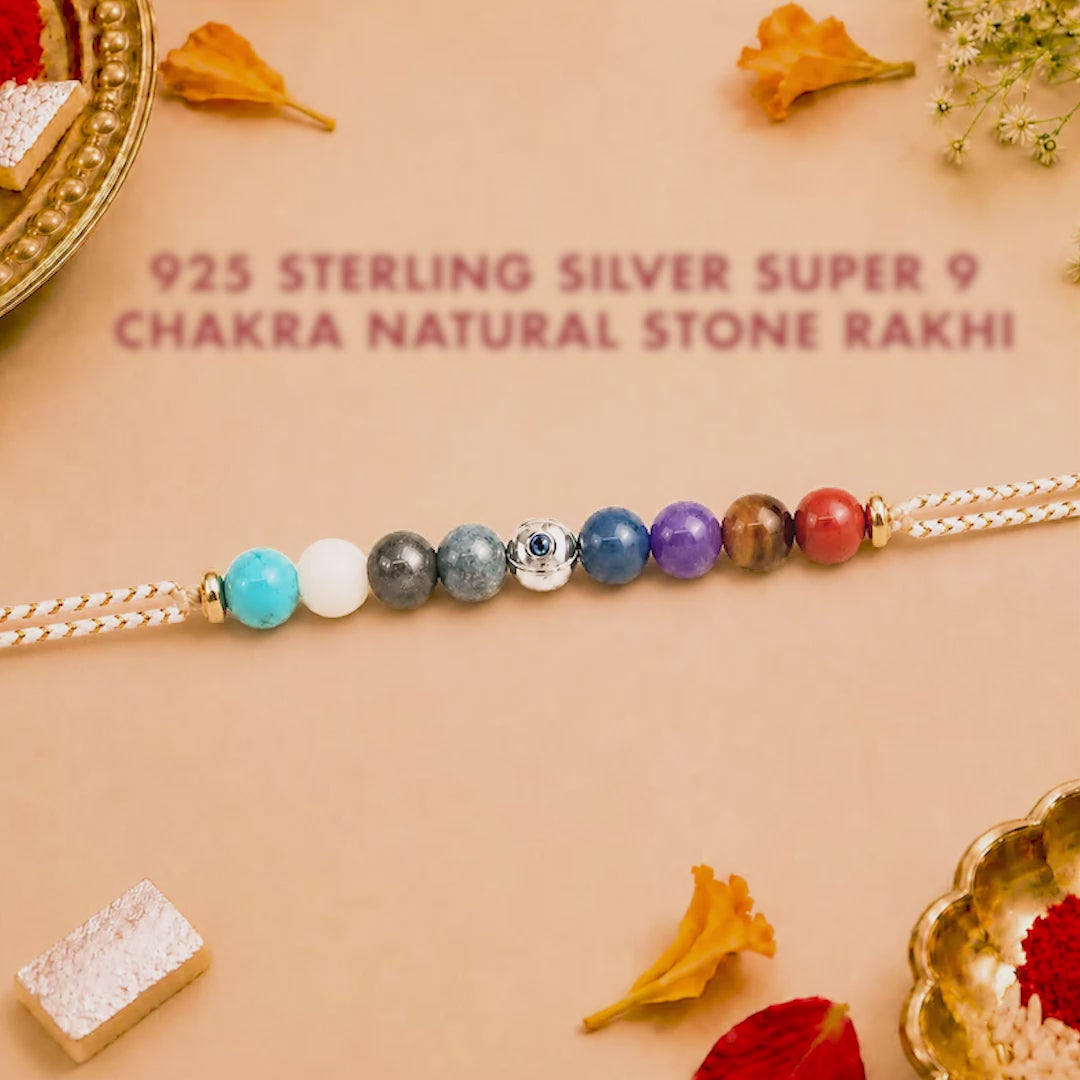 925 Sterling Silver Super 9 Chakra Natural Stone Rakhi