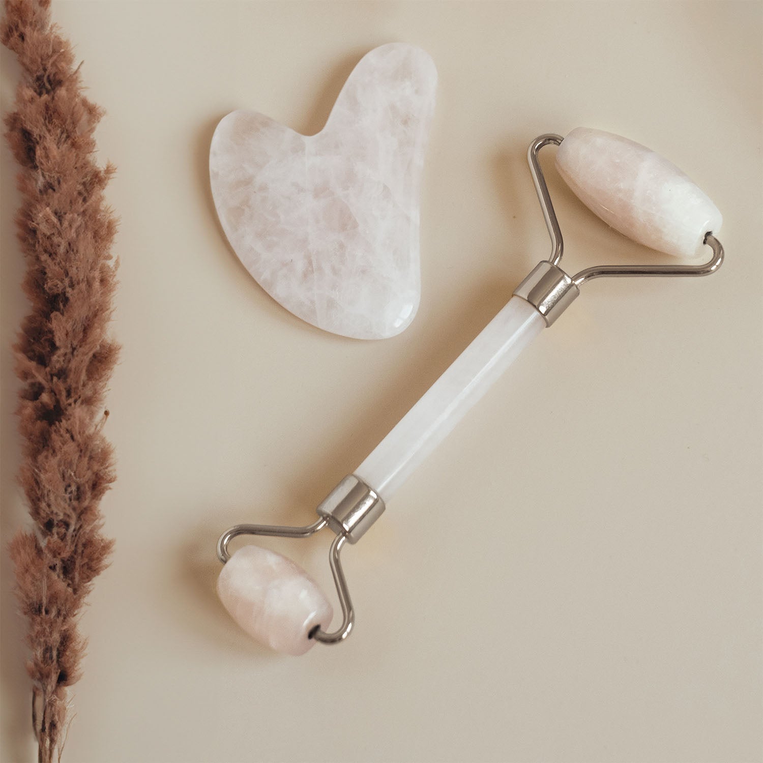 White Quartz face roller gua sha combo